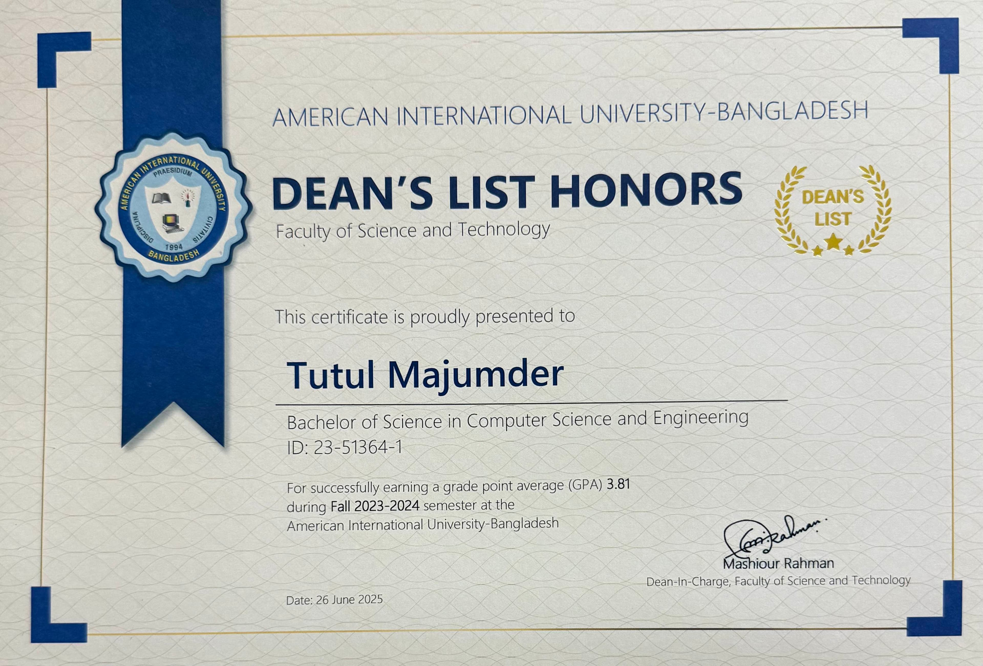 Dean's List Honors — Fall 2023-2024